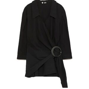 Zara Black Linen Puff Sleeve Wrap Shirt Black Size S